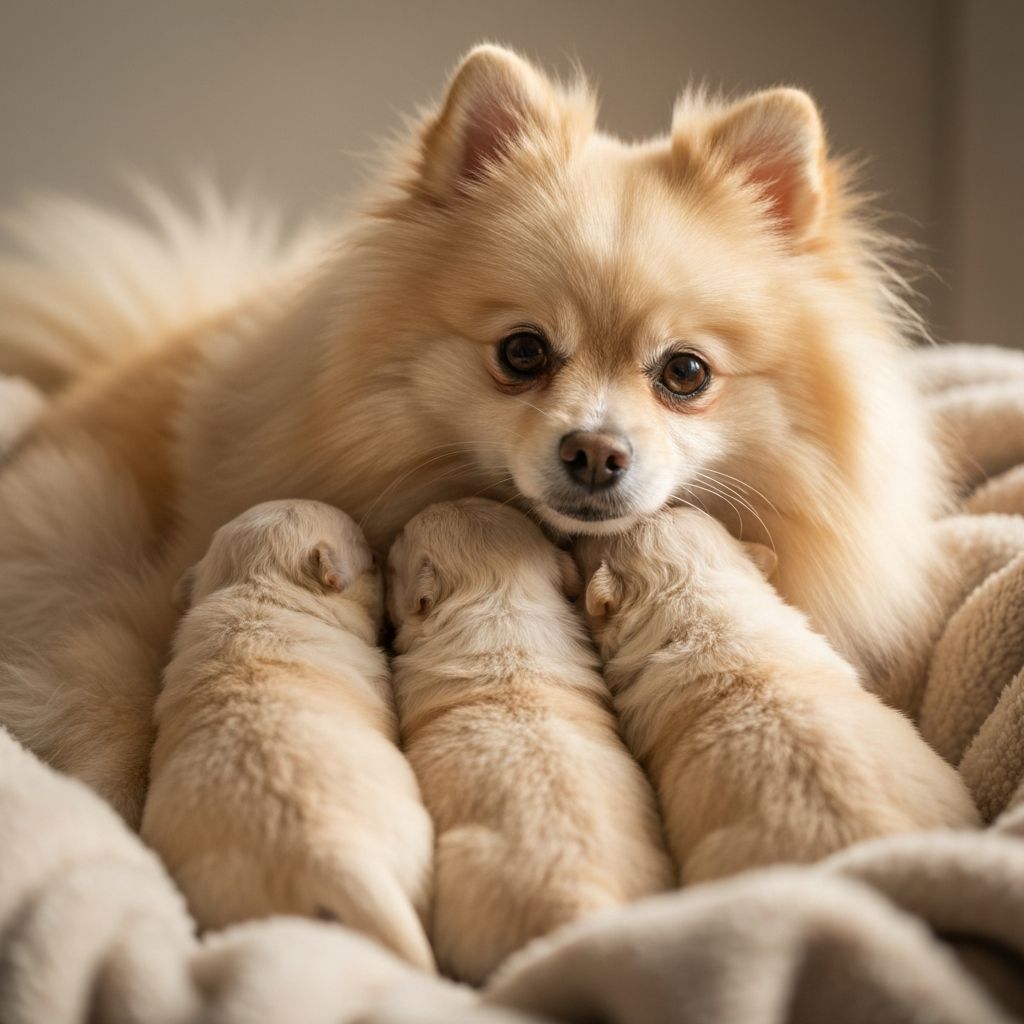 Pomeranian mother with puppies
